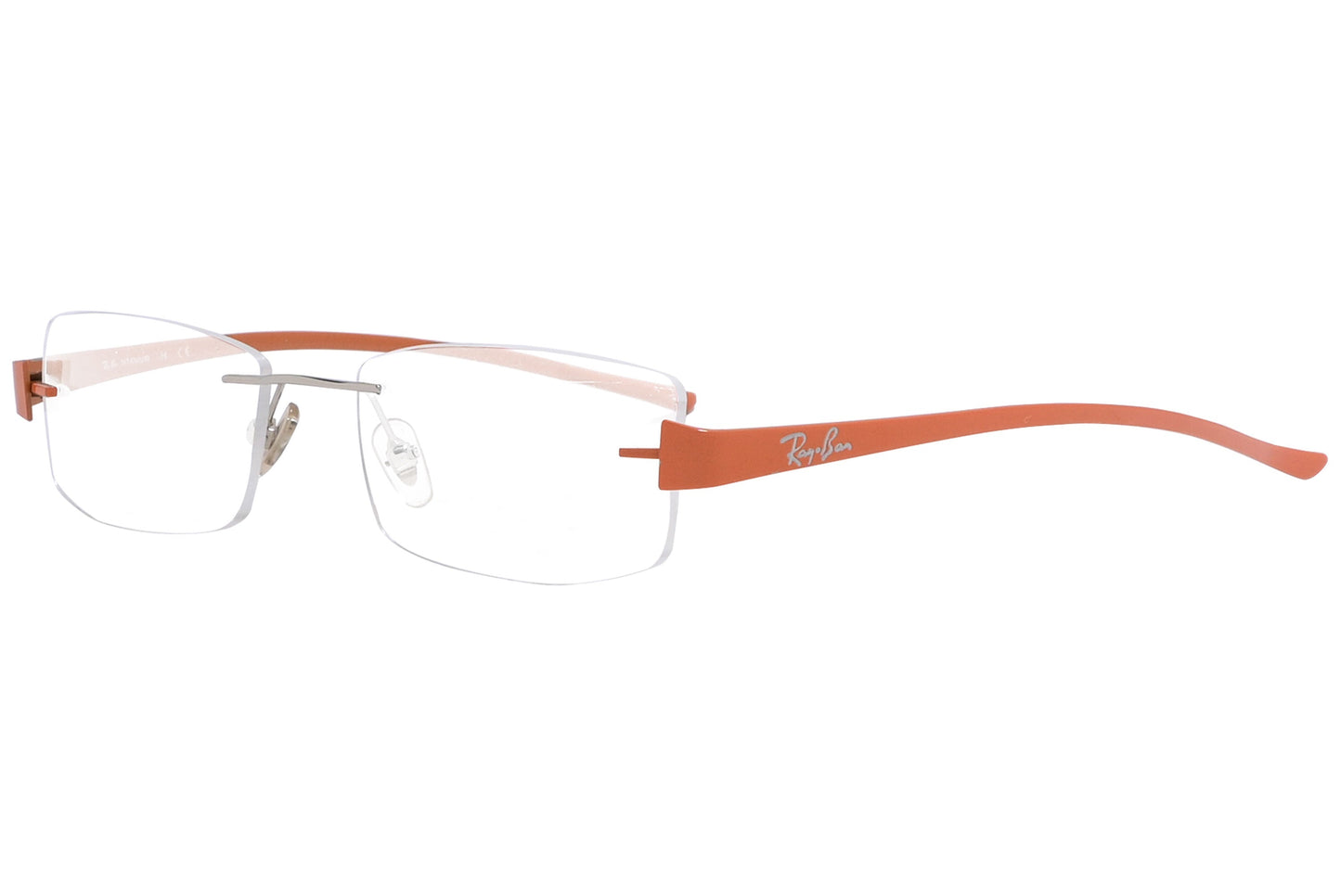 rayban rimless orange eyeglasses frame viewed from a 45-degree angle.