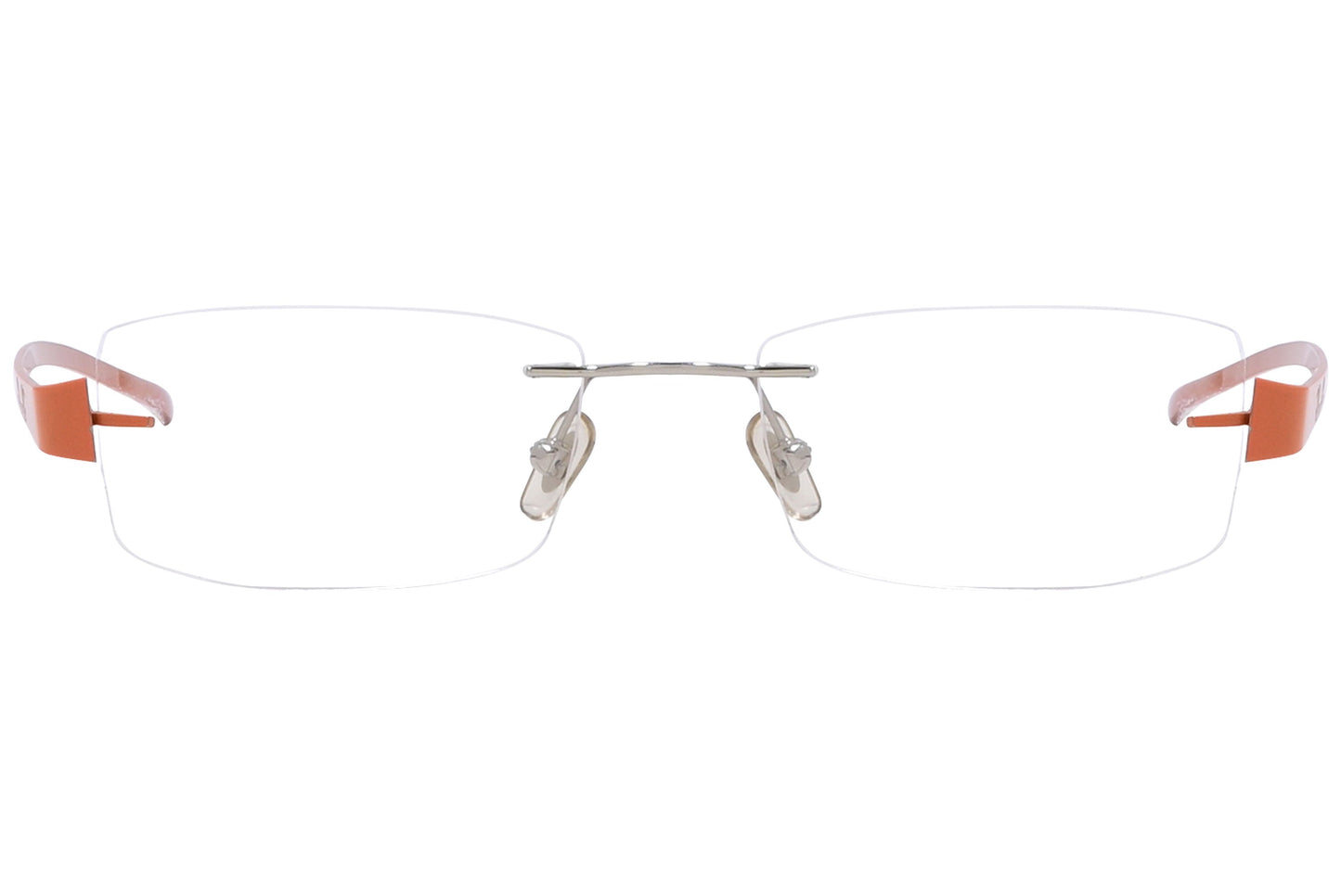 rayban rimless orange eyeglasses frame viewed from front angle.