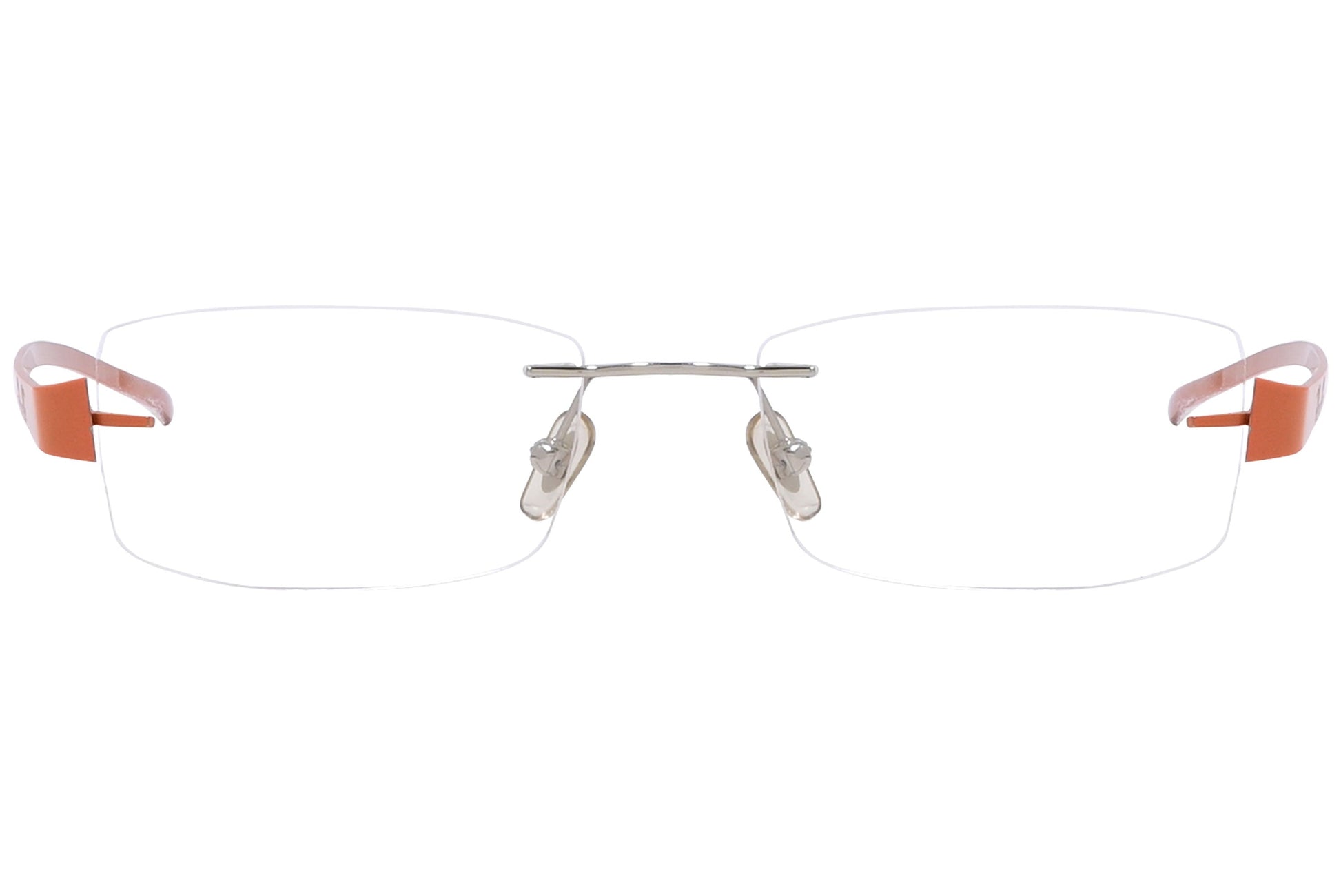 rayban rimless orange eyeglasses frame viewed from front angle.