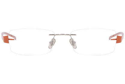 rayban rimless orange eyeglasses frame viewed from front angle.