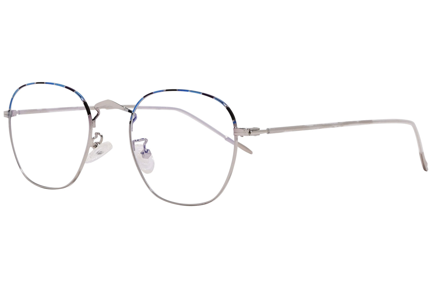 retro geometric silver with blue eyeglasses frame viewed from a 45-degree angle.