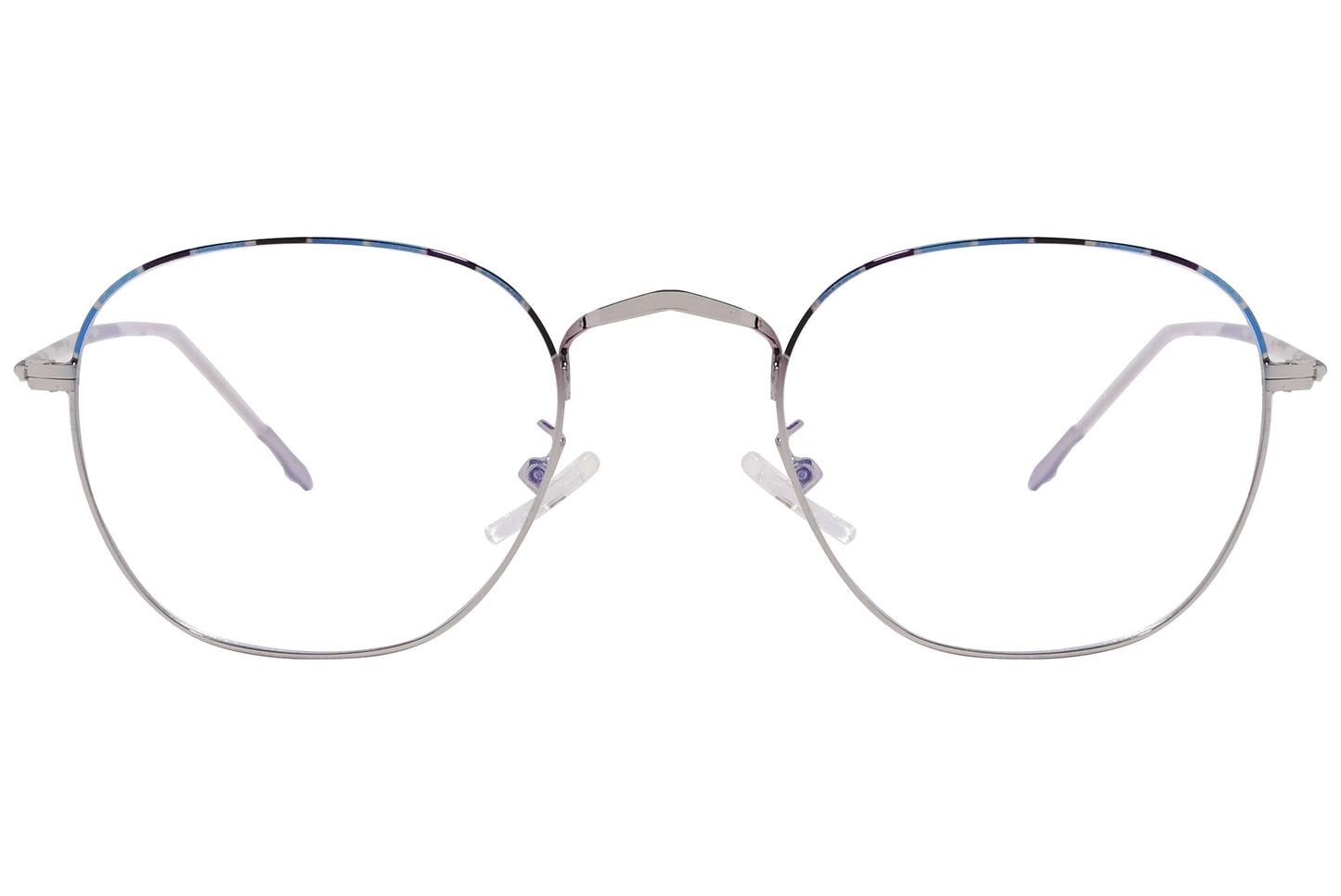 retro geometric silver with blue eyeglasses frame viewed from front angle.