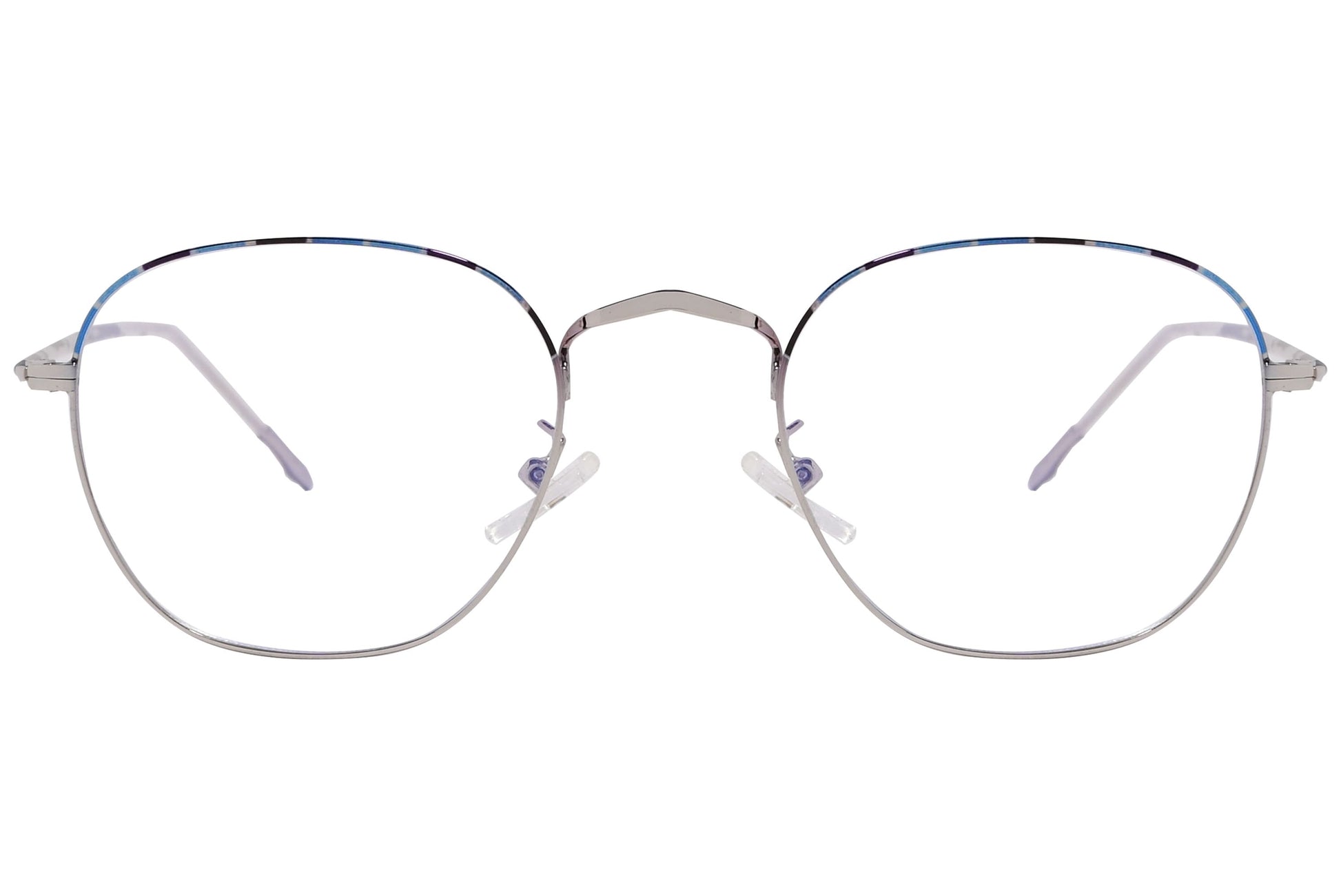 retro geometric silver with blue eyeglasses frame viewed from front angle.