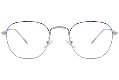 retro geometric silver with blue eyeglasses frame viewed from front angle.