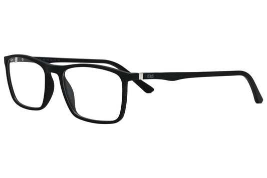 rexus rectangle black eyeglasses frame viewed from a 45-degree angle.