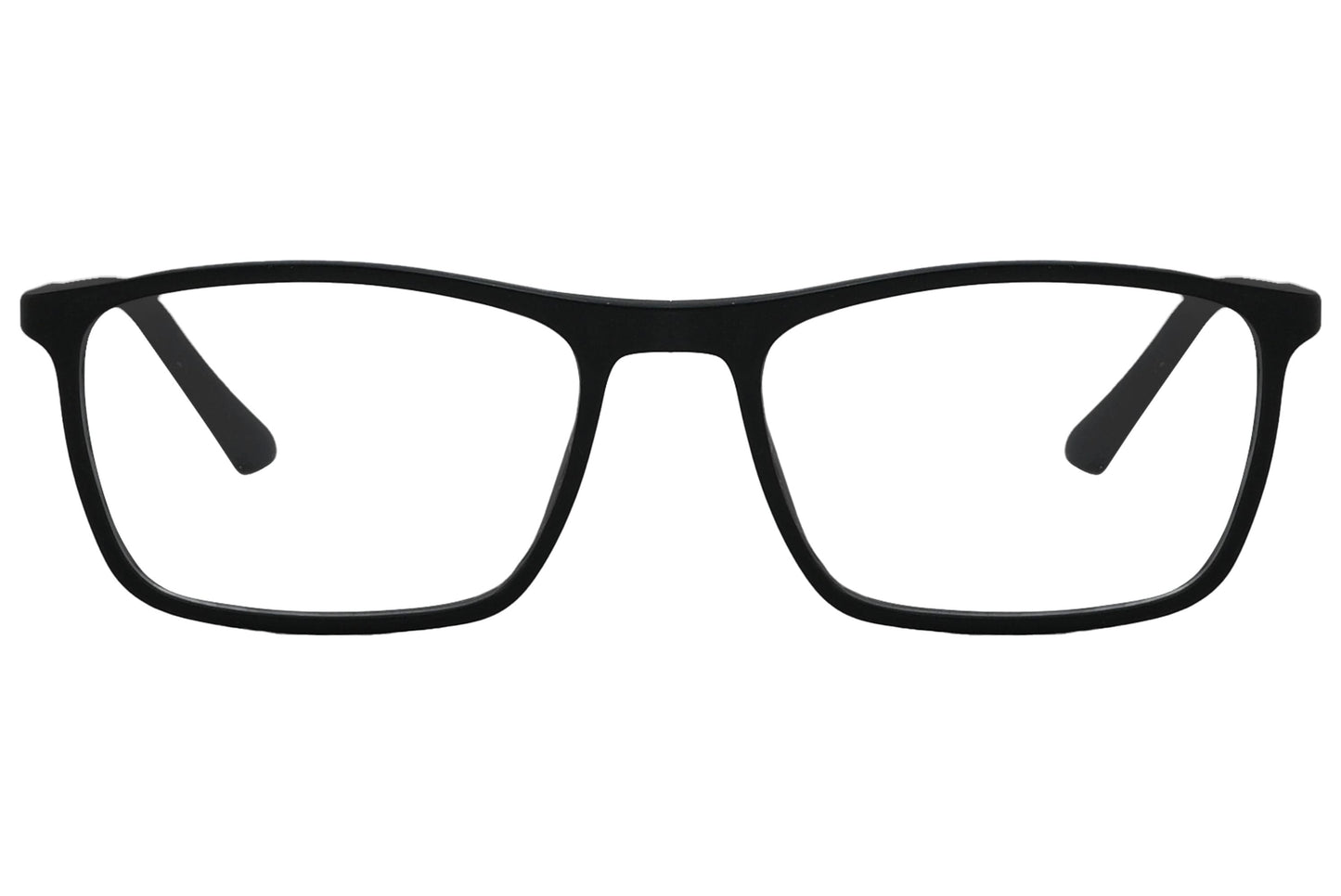 rexus rectangle black eyeglasses frame viewed from front angle.