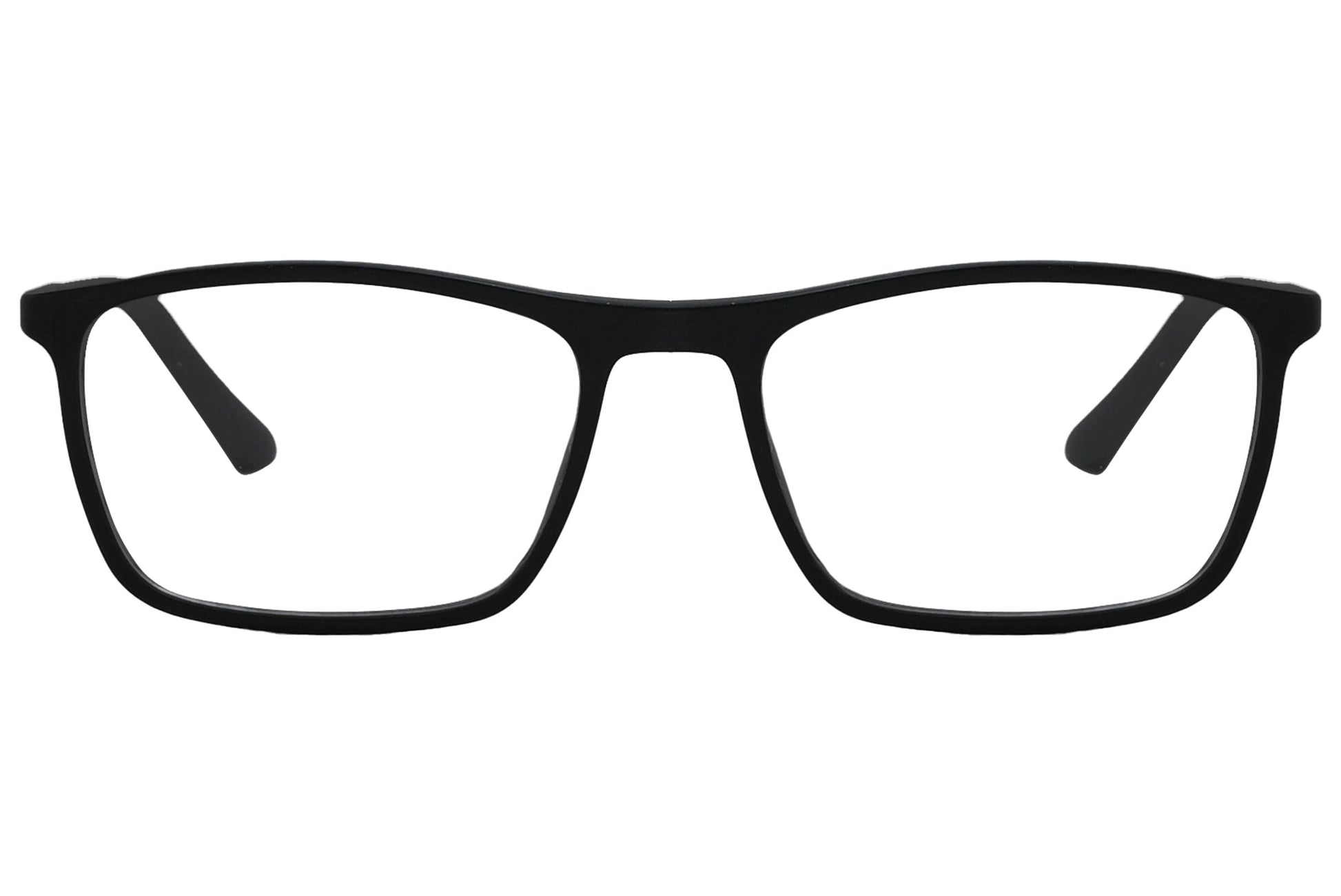 rexus rectangle black eyeglasses frame viewed from front angle.