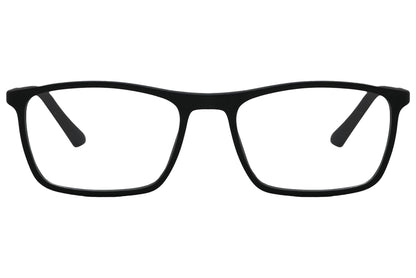 rexus rectangle black eyeglasses frame viewed from front angle.