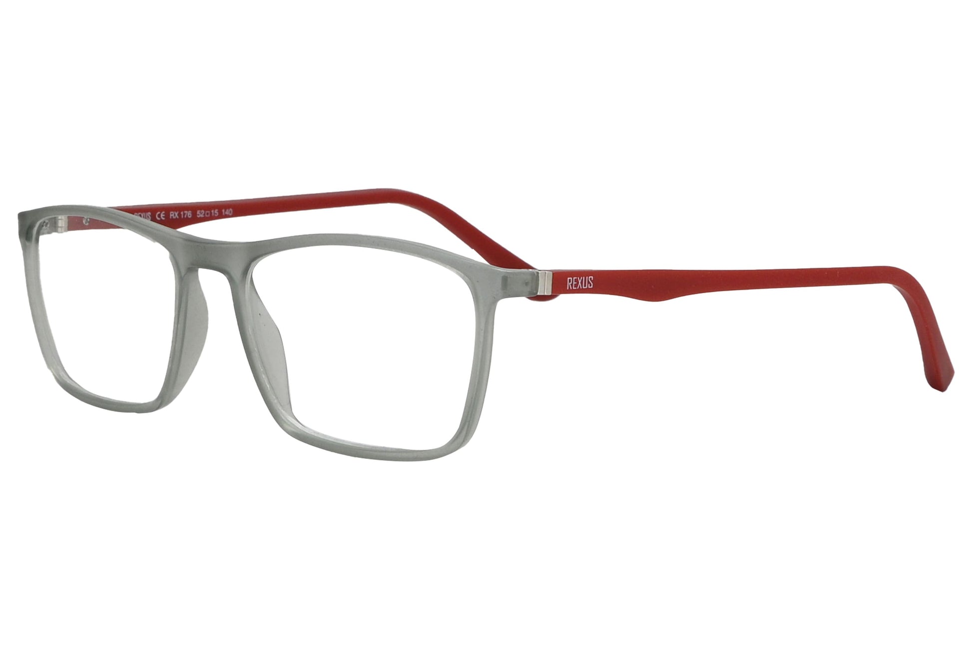 rexus rectangle gray eyeglasses frame viewed from a 45-degree angle.