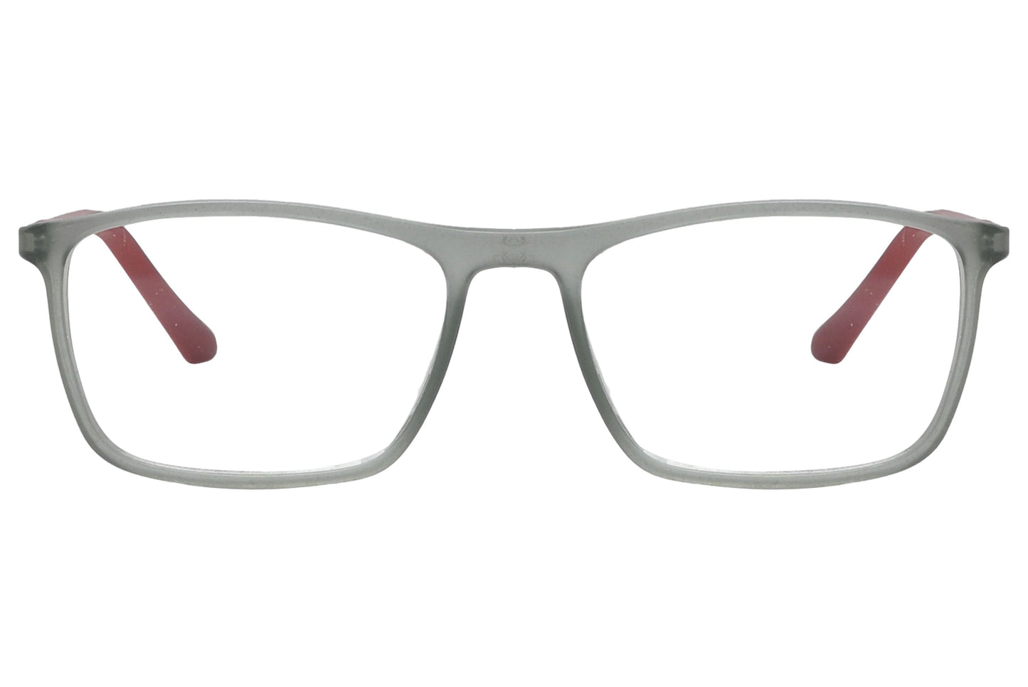 rexus rectangle gray eyeglasses frame viewed from front angle.