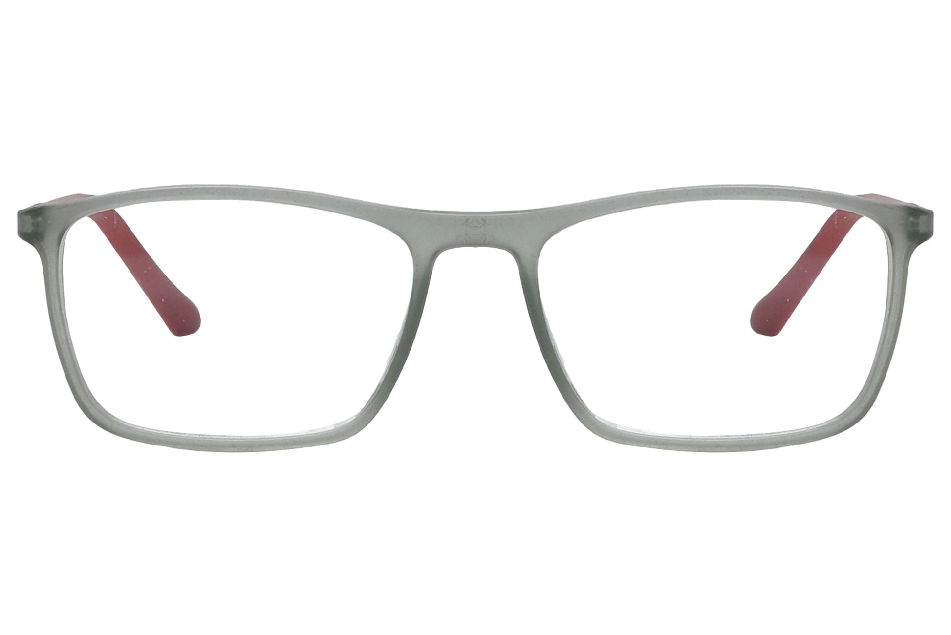 rexus rectangle gray eyeglasses frame viewed from front angle.