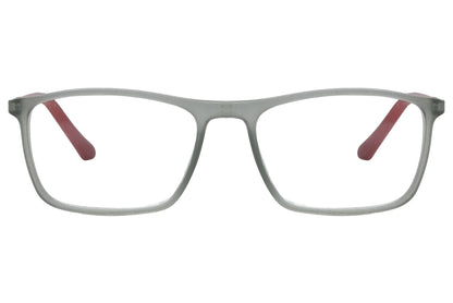 rexus rectangle gray eyeglasses frame viewed from front angle.