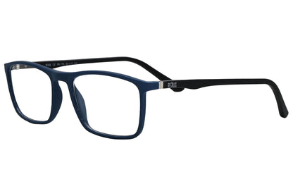 rexus rectangle blue eyeglasses frame viewed from a 45-degree angle.