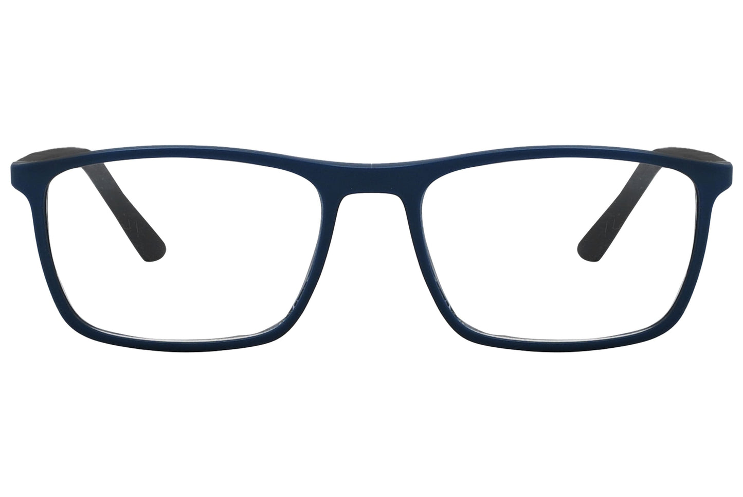 rexus rectangle blue eyeglasses frame viewed from front angle.