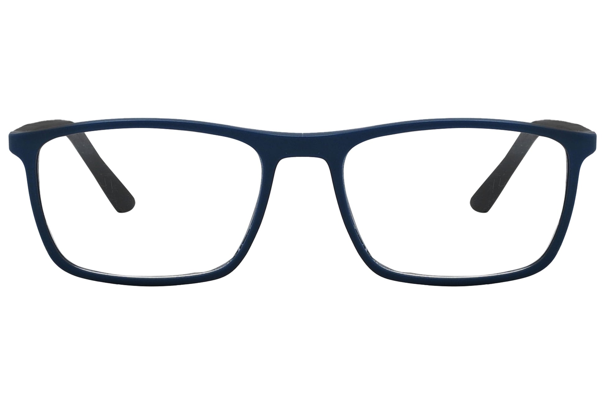 rexus rectangle blue eyeglasses frame viewed from front angle.