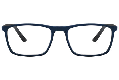 rexus rectangle blue eyeglasses frame viewed from front angle.