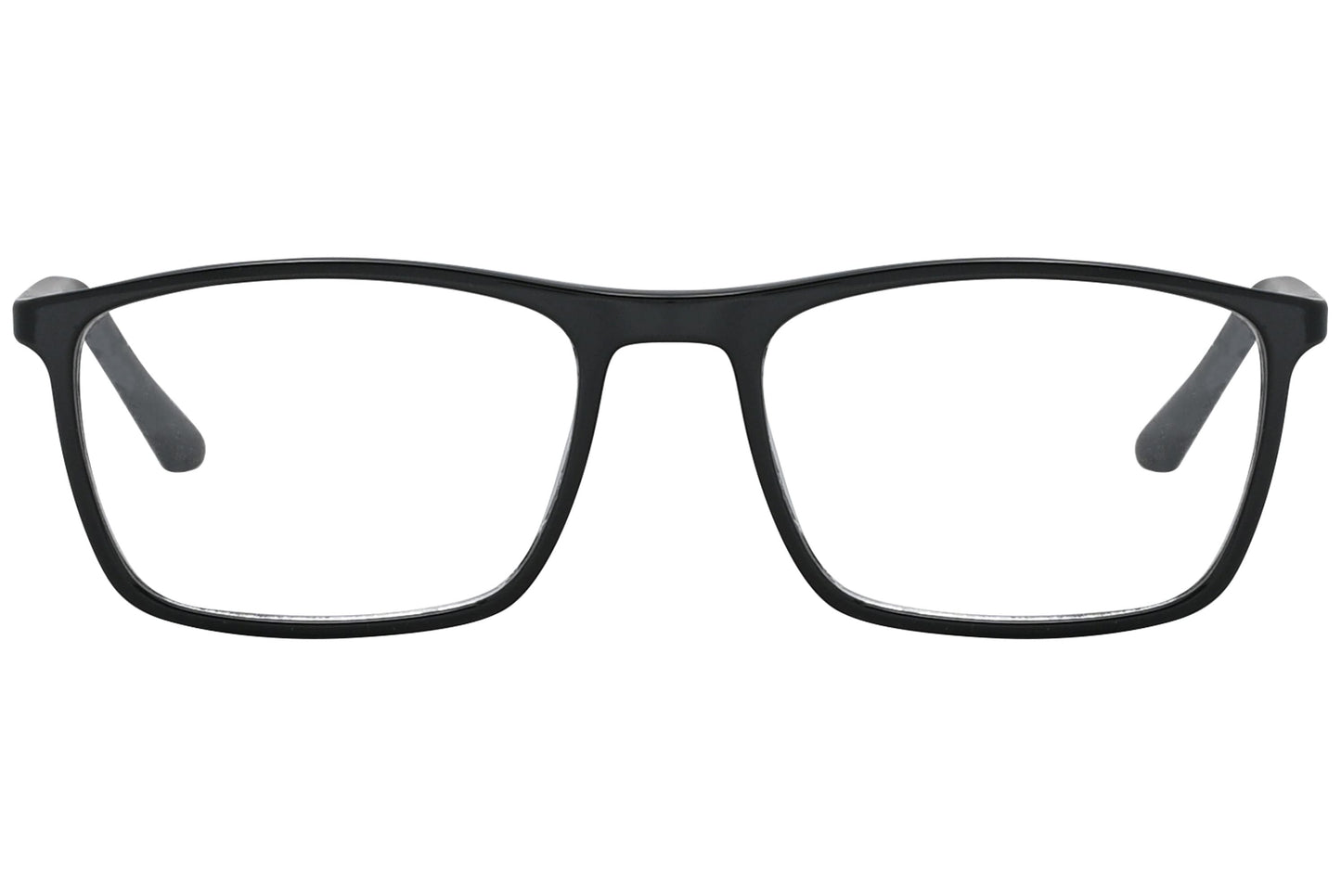 rexus rectangle black eyeglasses frame viewed from front angle.