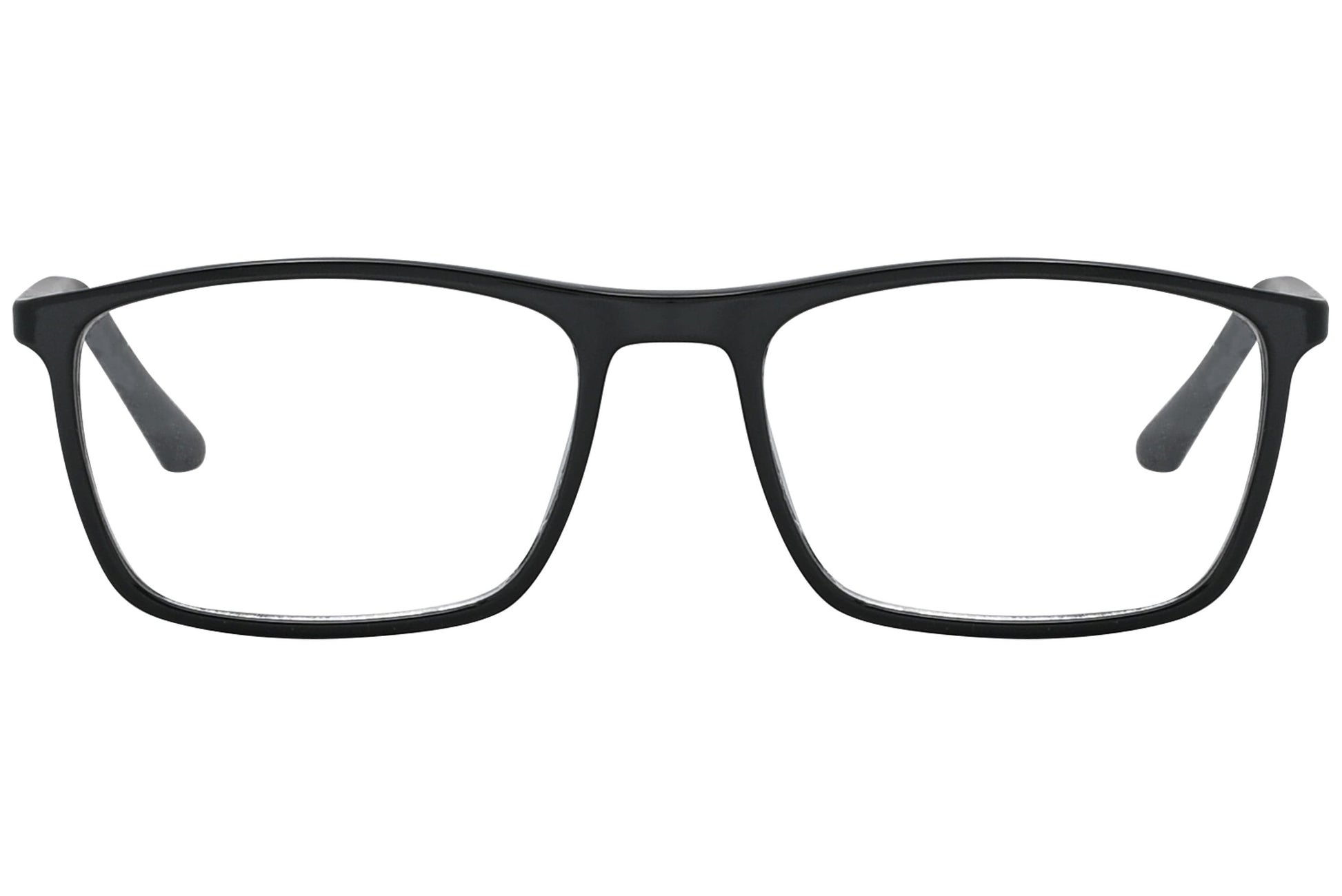 rexus rectangle black eyeglasses frame viewed from front angle.