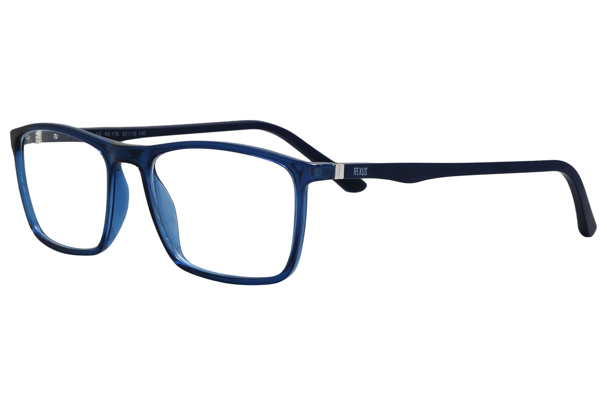 rexus rectangle blue eyeglasses frame viewed from a 45-degree angle.