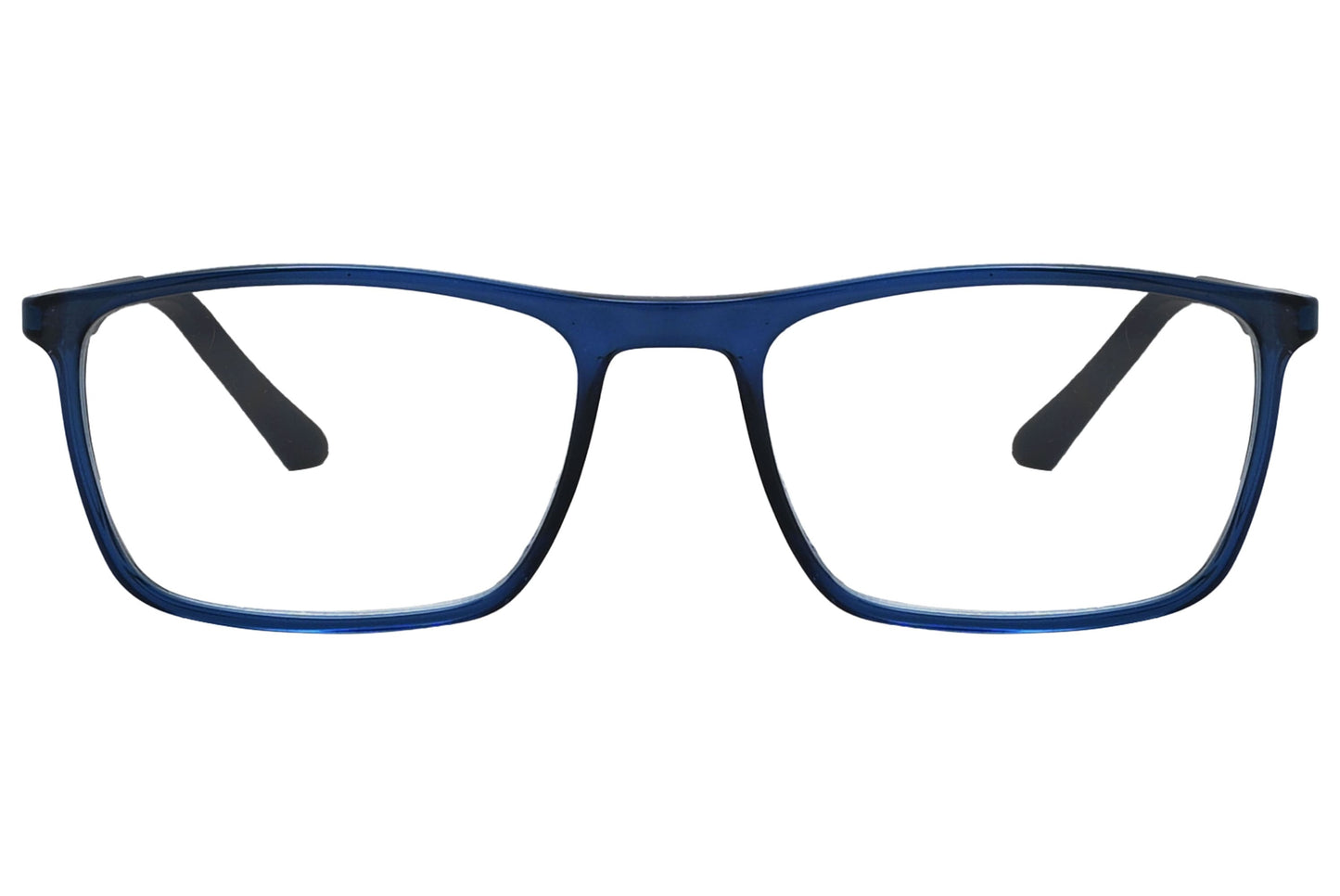 rexus rectangle blue eyeglasses frame viewed from front angle.