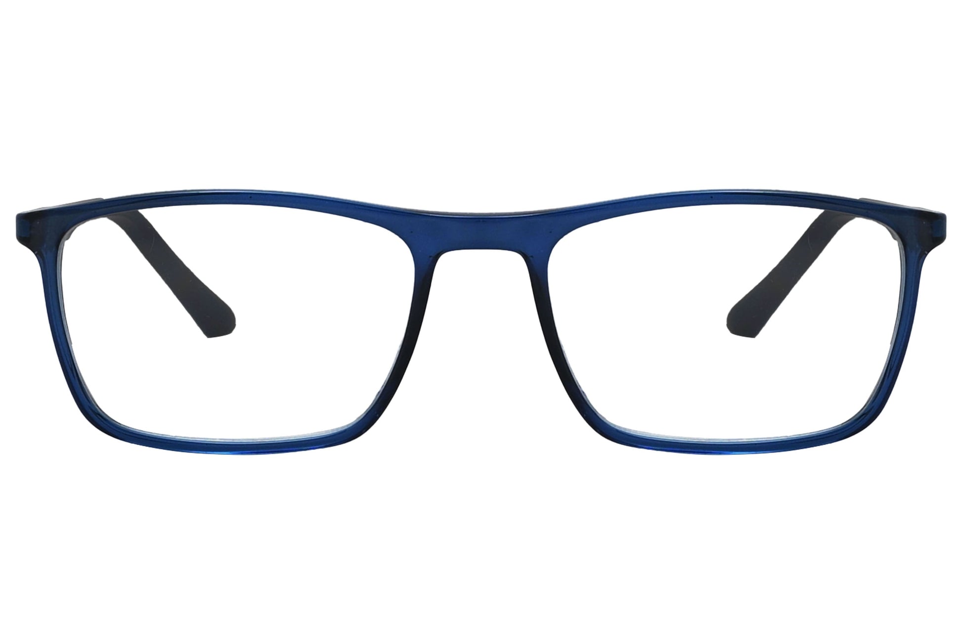 rexus rectangle blue eyeglasses frame viewed from front angle.