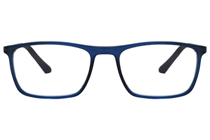 rexus rectangle blue eyeglasses frame viewed from front angle.