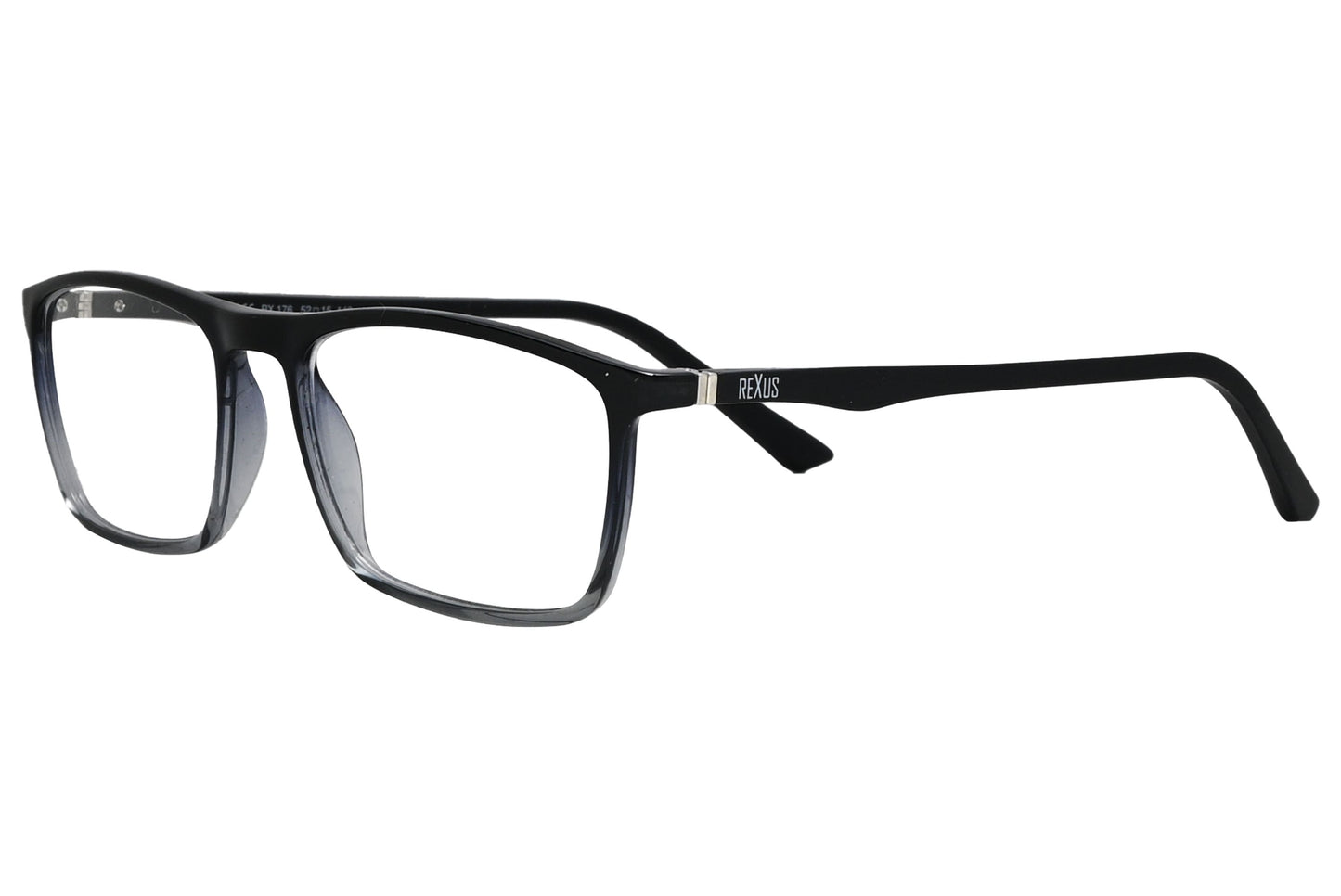 rexus rectangle black eyeglasses frame viewed from a 45-degree angle.