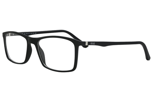 rexus rectangle black eyeglasses frame viewed from a 45-degree angle.