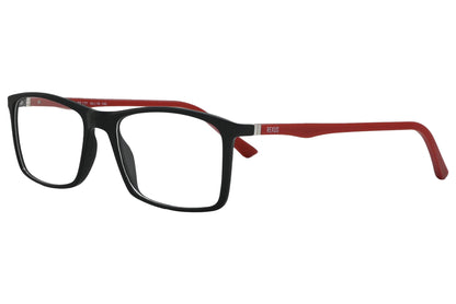 rexus rectangle black eyeglasses frame viewed from a 45-degree angle.