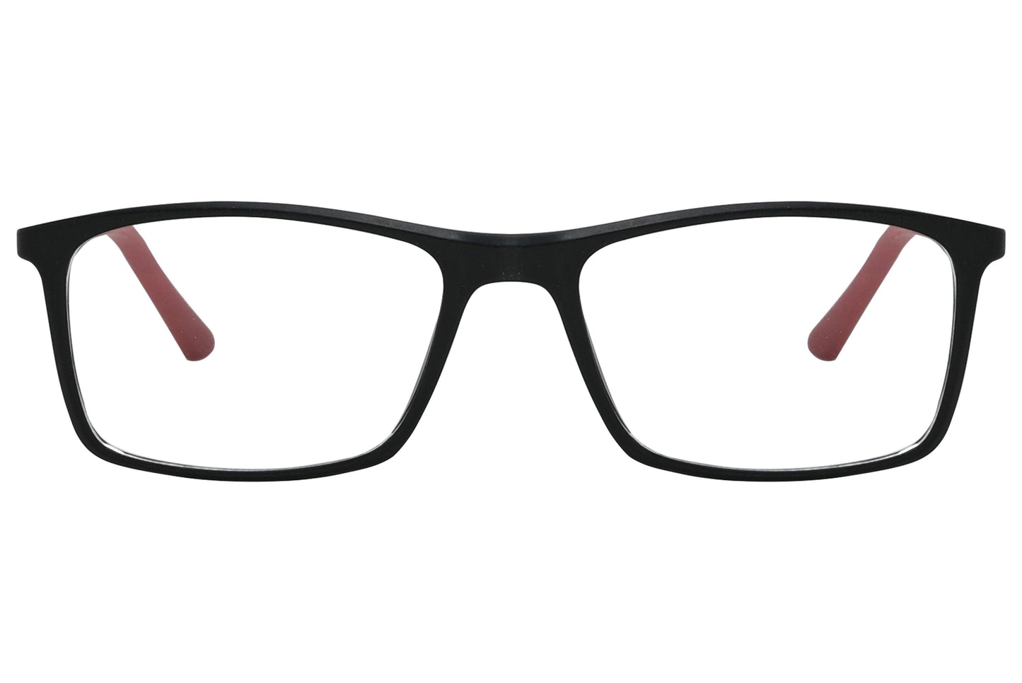 rexus rectangle black eyeglasses frame viewed from front angle.