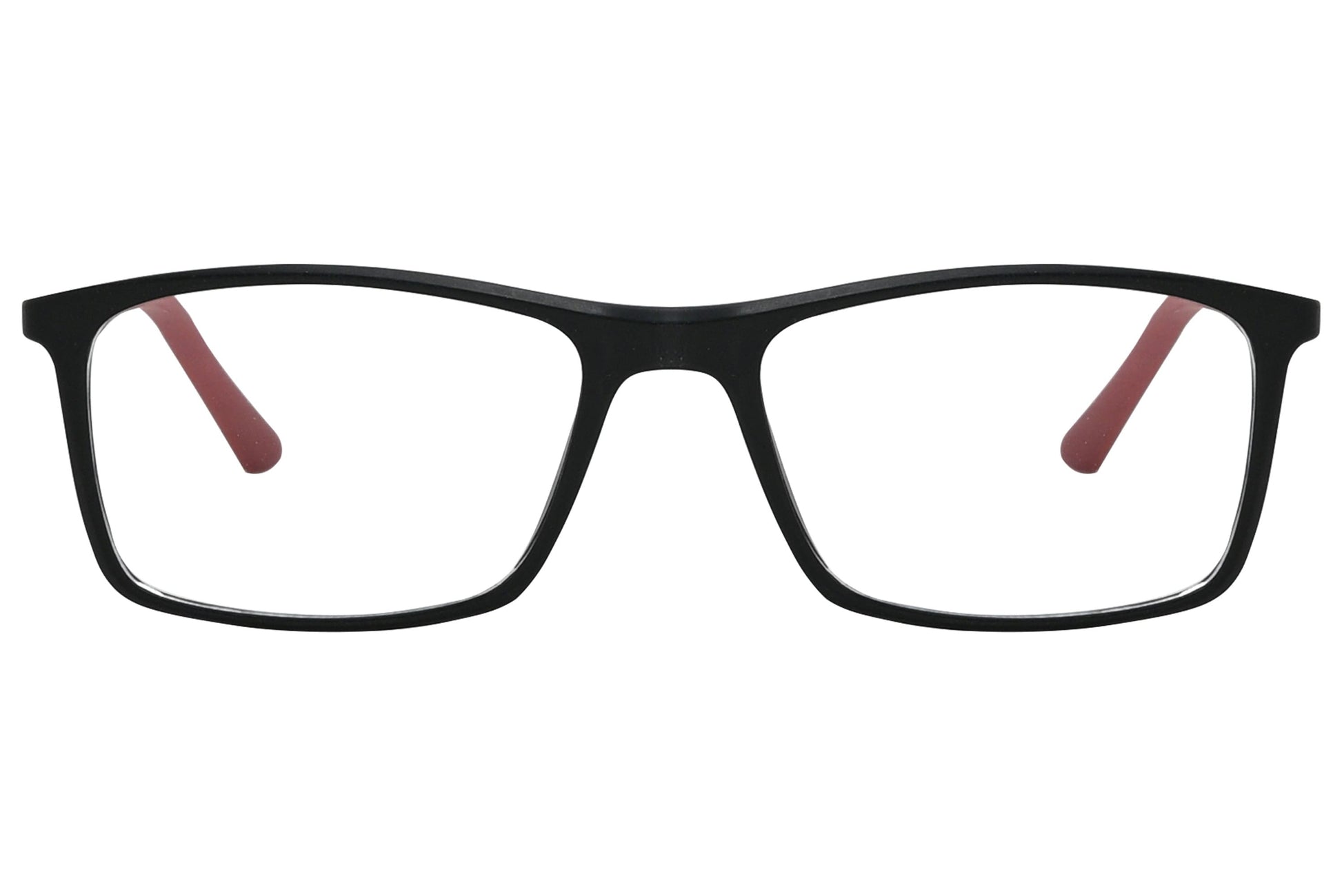 rexus rectangle black eyeglasses frame viewed from front angle.