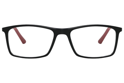 rexus rectangle black eyeglasses frame viewed from front angle.