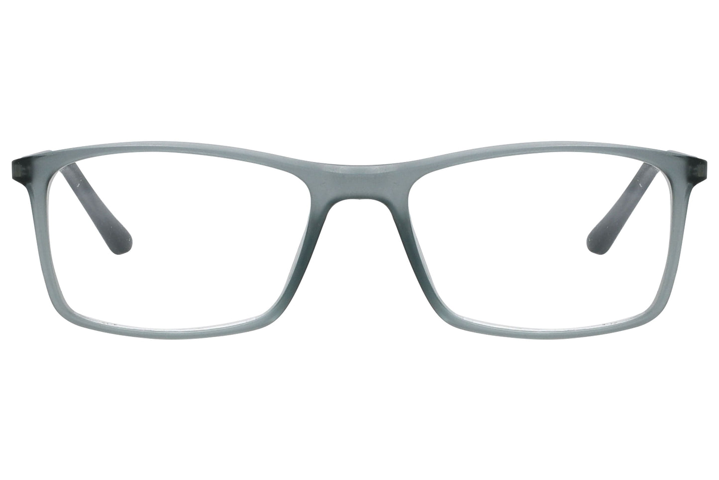 rexus rectangle gray eyeglasses frame viewed from front angle.