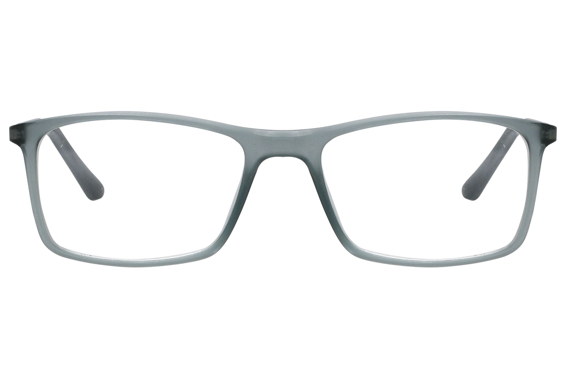 rexus rectangle gray eyeglasses frame viewed from front angle.