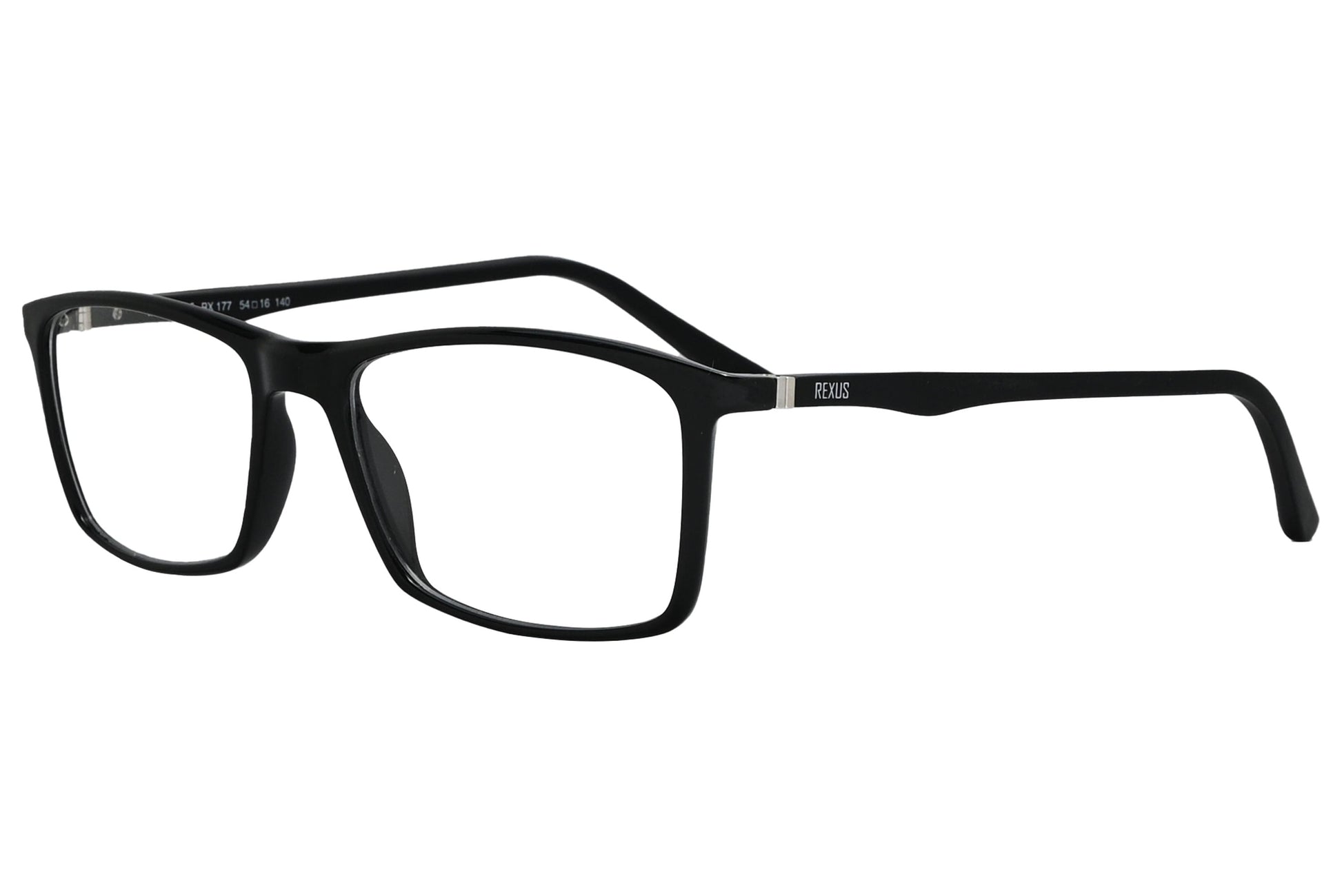 rexus rectangle black eyeglasses frame viewed from a 45-degree angle.