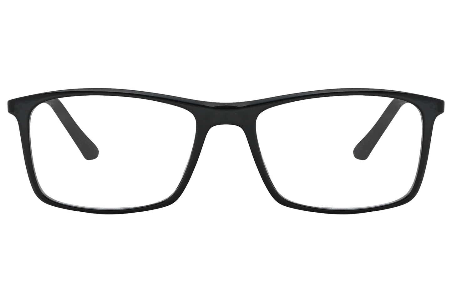 rexus rectangle black eyeglasses frame viewed from front angle.