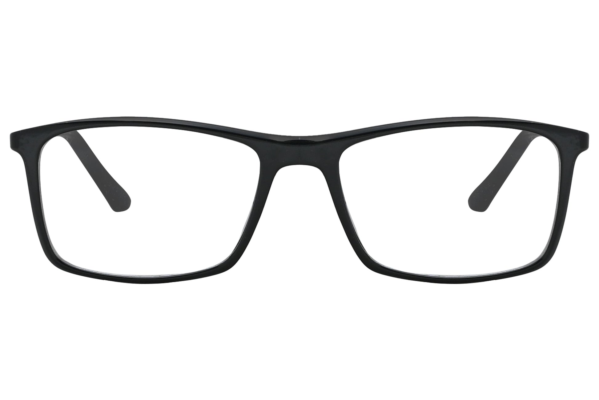 rexus rectangle black eyeglasses frame viewed from front angle.