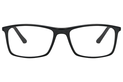 rexus rectangle black eyeglasses frame viewed from front angle.