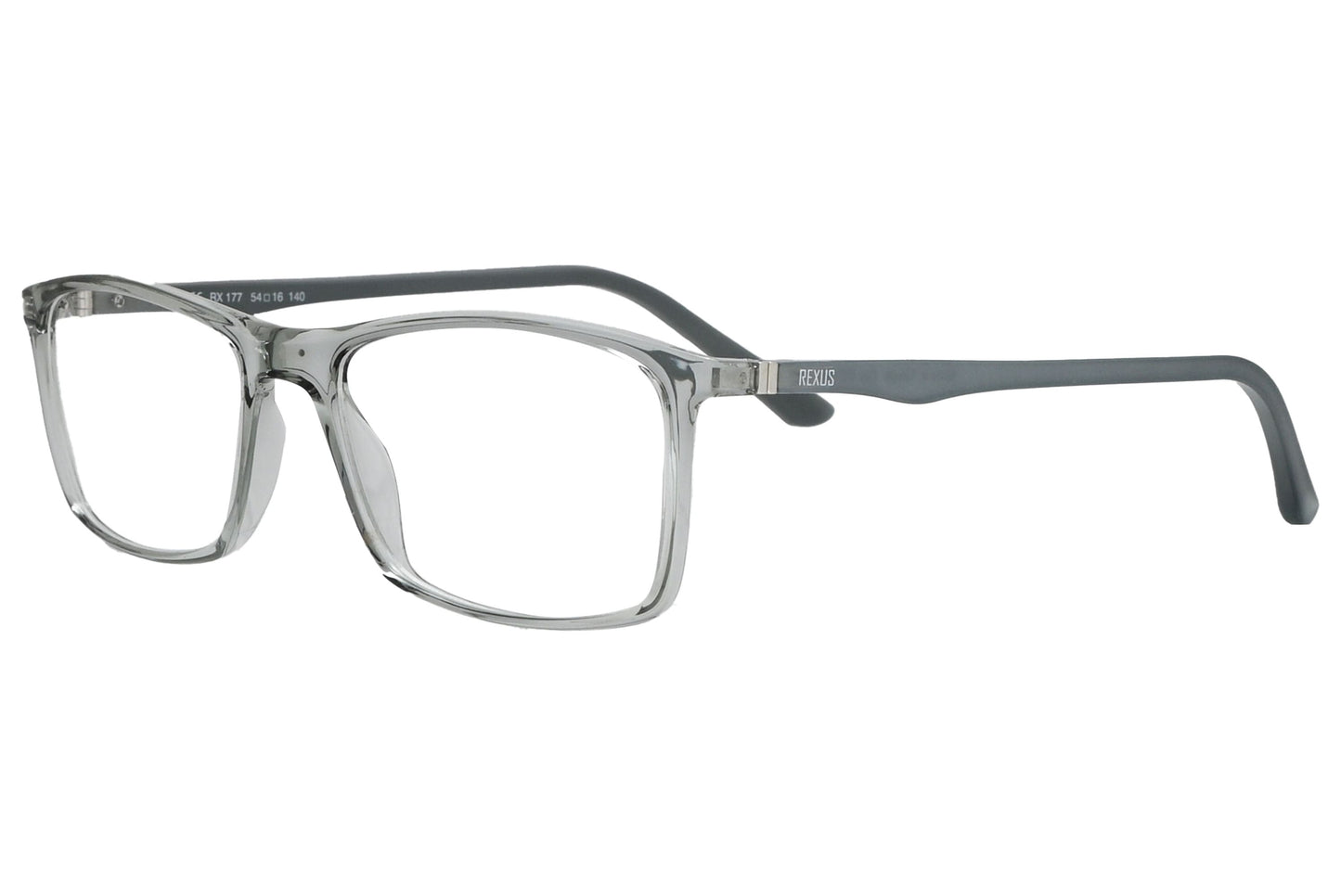 rexus rectangle gray eyeglasses frame viewed from a 45-degree angle.