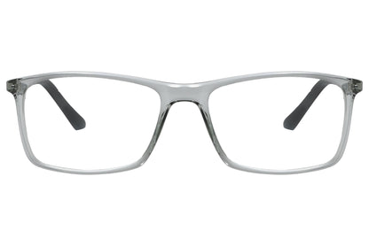 rexus rectangle gray eyeglasses frame viewed from front angle.