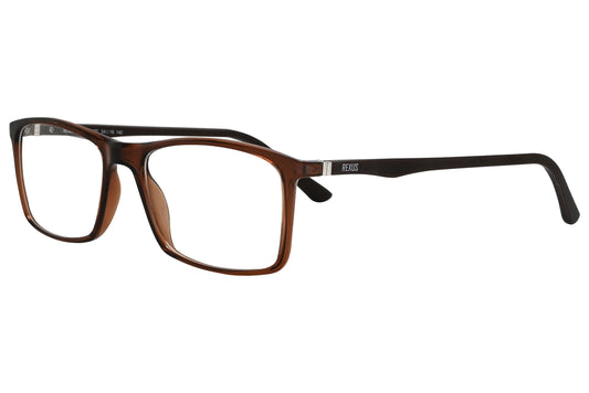 rexus rectangle brown eyeglasses frame viewed from a 45-degree angle.