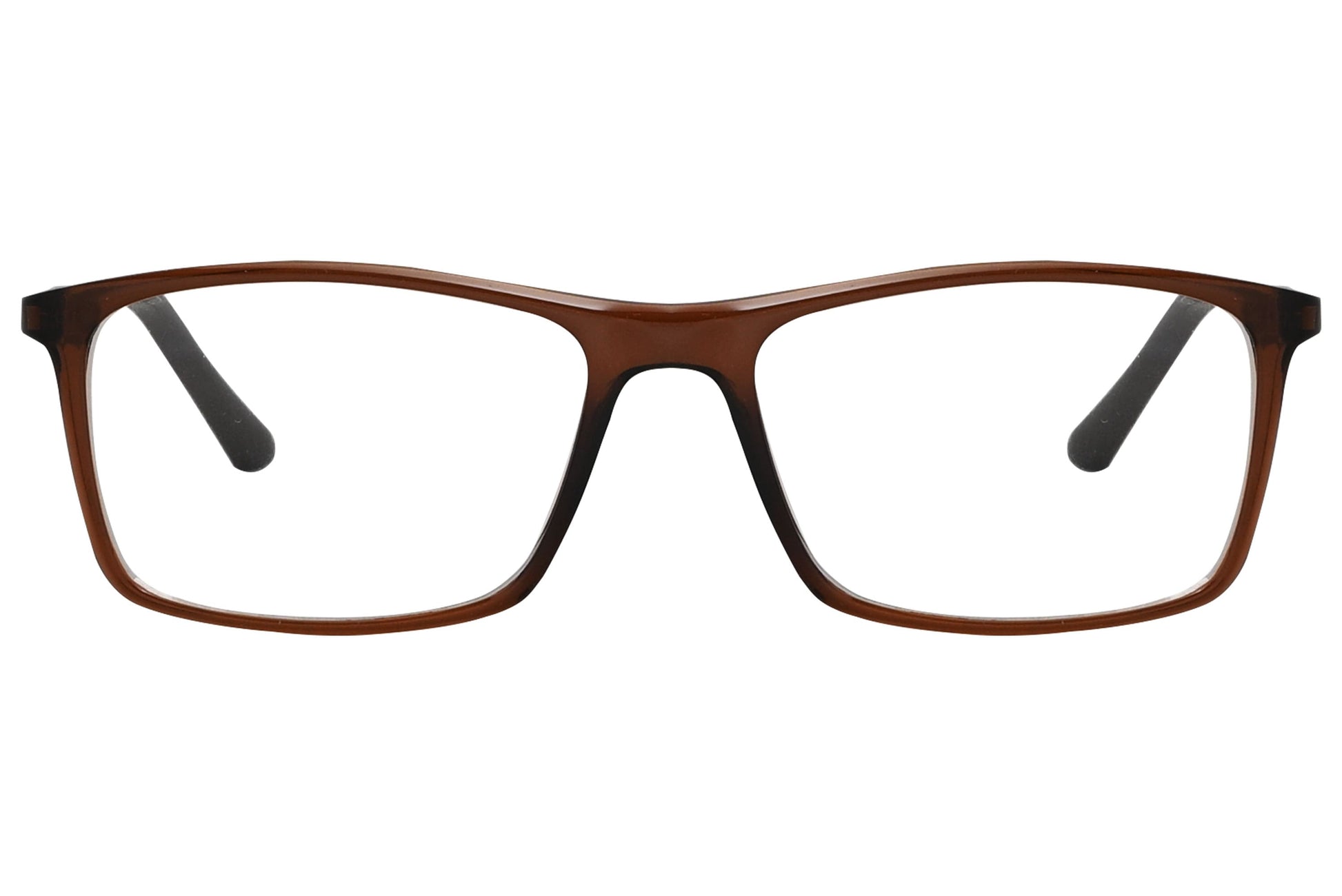 rexus rectangle brown eyeglasses frame viewed from front angle.