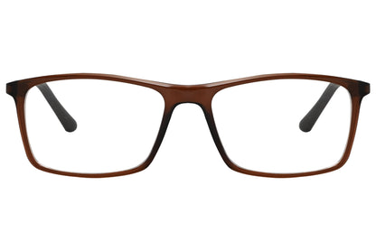 rexus rectangle brown eyeglasses frame viewed from front angle.