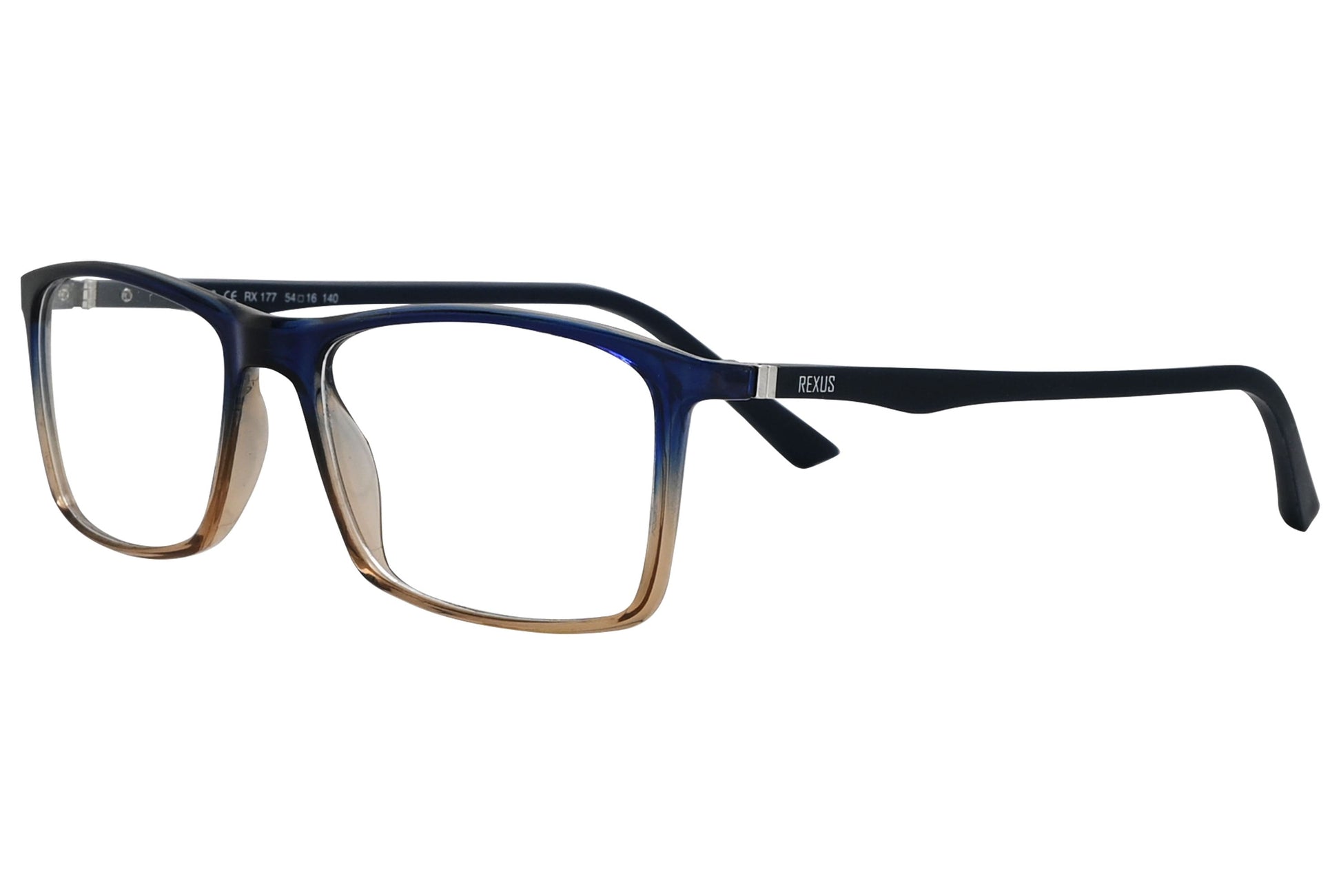 rexus rectangle multicolored eyeglasses frame viewed from a 45-degree angle.