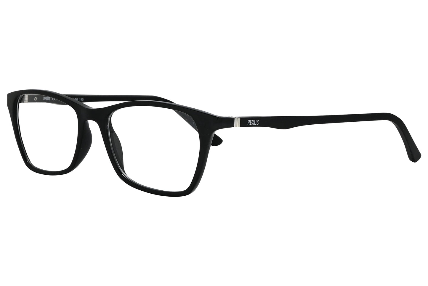 rexus rectangle black eyeglasses frame viewed from a 45-degree angle.