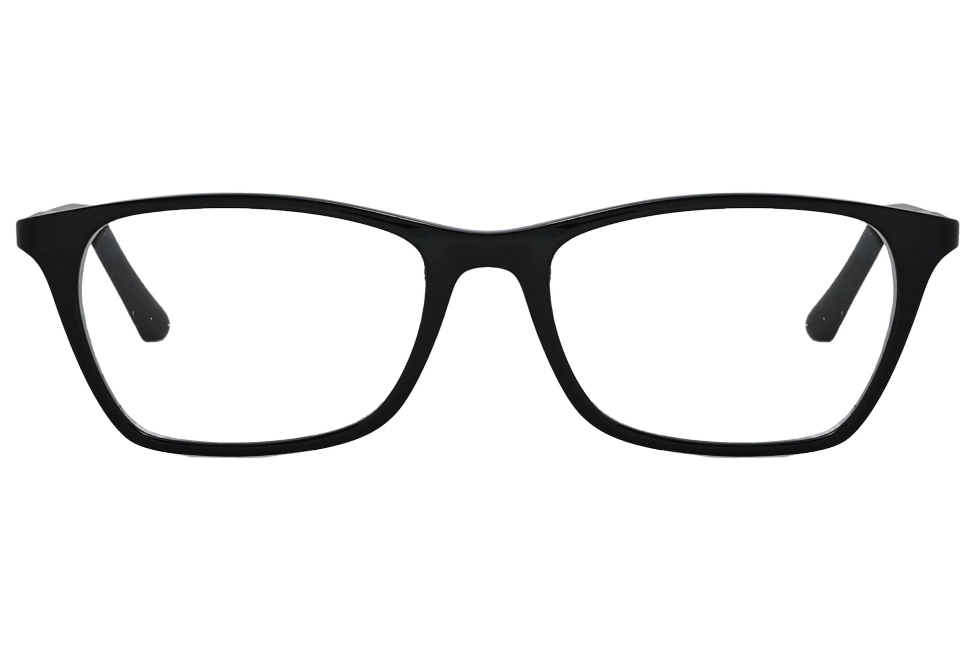 rexus rectangle black eyeglasses frame viewed from front angle.