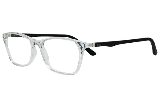 rexus rectangle transparent eyeglasses frame viewed from a 45-degree angle.