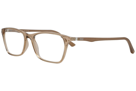 rexus rectangle brown eyeglasses frame viewed from a 45-degree angle.