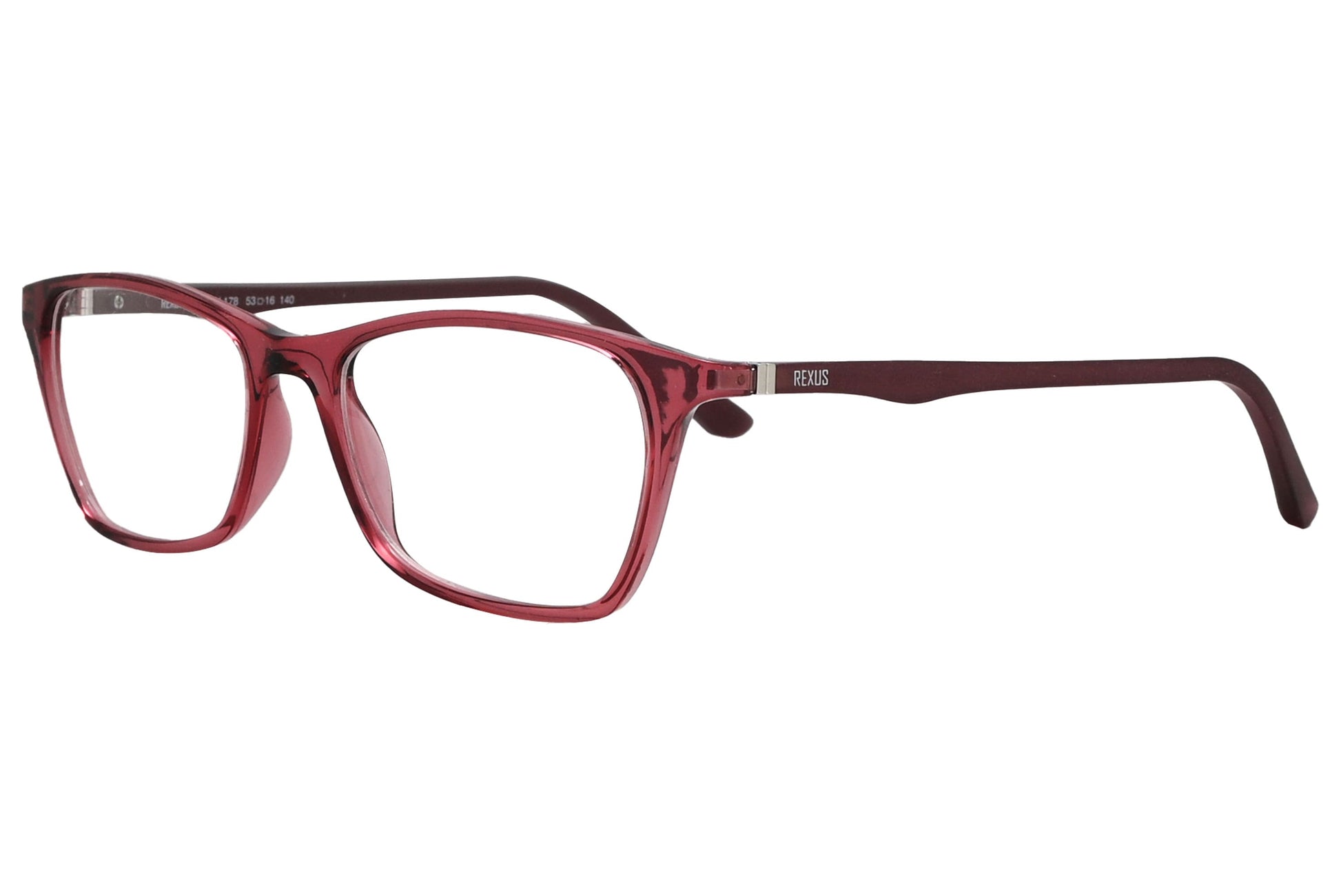 rexus rectangle red eyeglasses frame viewed from a 45-degree angle.