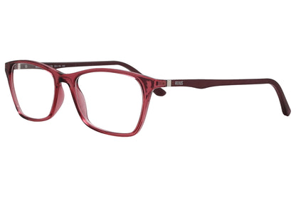 rexus rectangle red eyeglasses frame viewed from a 45-degree angle.